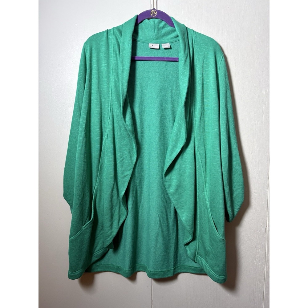Chico's Zenergy Green Open Front Roll Tab Sleeves Cardigan Draped Casual 1 8/10